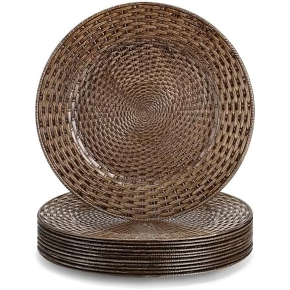 12 Set Faux Rattan Charger Plates 13" Table Chargers for Dinner Plates Round Brown Plate Placemats Plastic Charger for Table Setting Party Wedding Decoration$$Home Decor, Kitchen, & Other