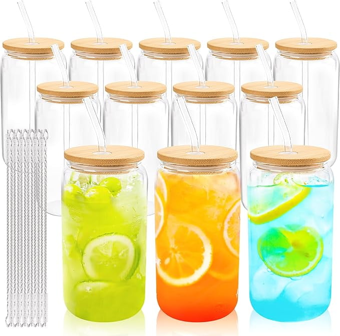 12 Set Glass Cups with Bamboo Lids and Straws 16oz Can Shaped Reusable ...
