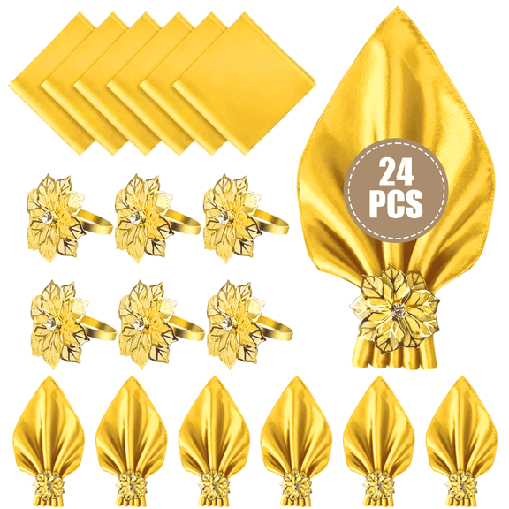 12 Set Gold Satin Cloth Napkins with Flower Rhinestone Napkin Rings, 17 x 17 Inch Reusable Dinner Napkins Set for Wedding Reception Party Banquet Table Decor Elegant Table Setting Supplies