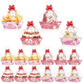 12 Set Happy Mother's Day Baskets for Gifts Empty with Cellophane Basket Bags Red Rose Pull Bows Gift Tags Happy Mother's Day Market Tray Cardboard Basket to Fill for Mother's Day Birthday Party