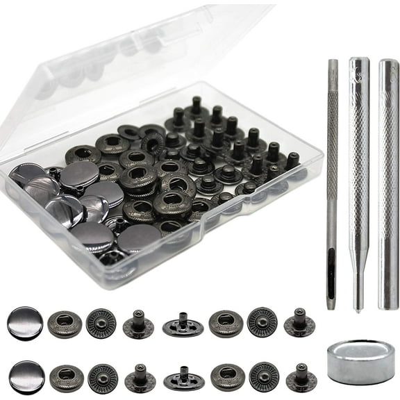 12 Set Leather Snap Fasteners Kit, 15mm Metal Snap Buttons Kit Press Studs with 4 Install Tools, Rivets and Snaps for Clothing, Jeans, Jackets, Bracelets, Bags (Black)