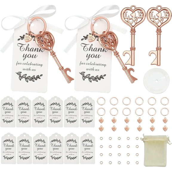 12 Set Love Bottle Openers Vintage Skeleton Key Bottle Opener Wedding Favors for Valentine's Day Bridel Guest Souvenir Gift with Escort Tag and Jute Rope Rose Gold