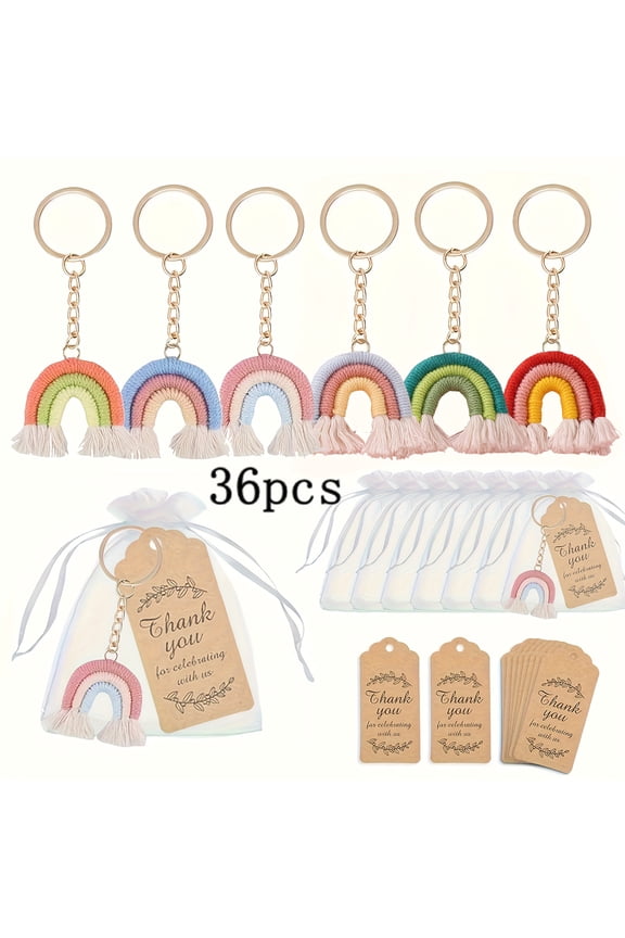 12 Set Macrame Rainbow Keychains with Thank-You Cards & Organza Bags, Weaving Boho Rainbow Party Favor Set, Cute Gift Set for Baby Showers, Birthdays, Weddings, Class Events & Friend Gifts