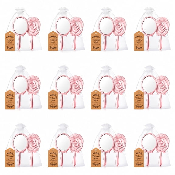 12 Set Mirror Compact Pink Rose Handheld Mirrors, Bridal Shower Wedding Party Favors for Women Guests, Flower Princess Tea Souvenirs, Glass Metal Makeup with Organza Bags Thank You Tags Twine