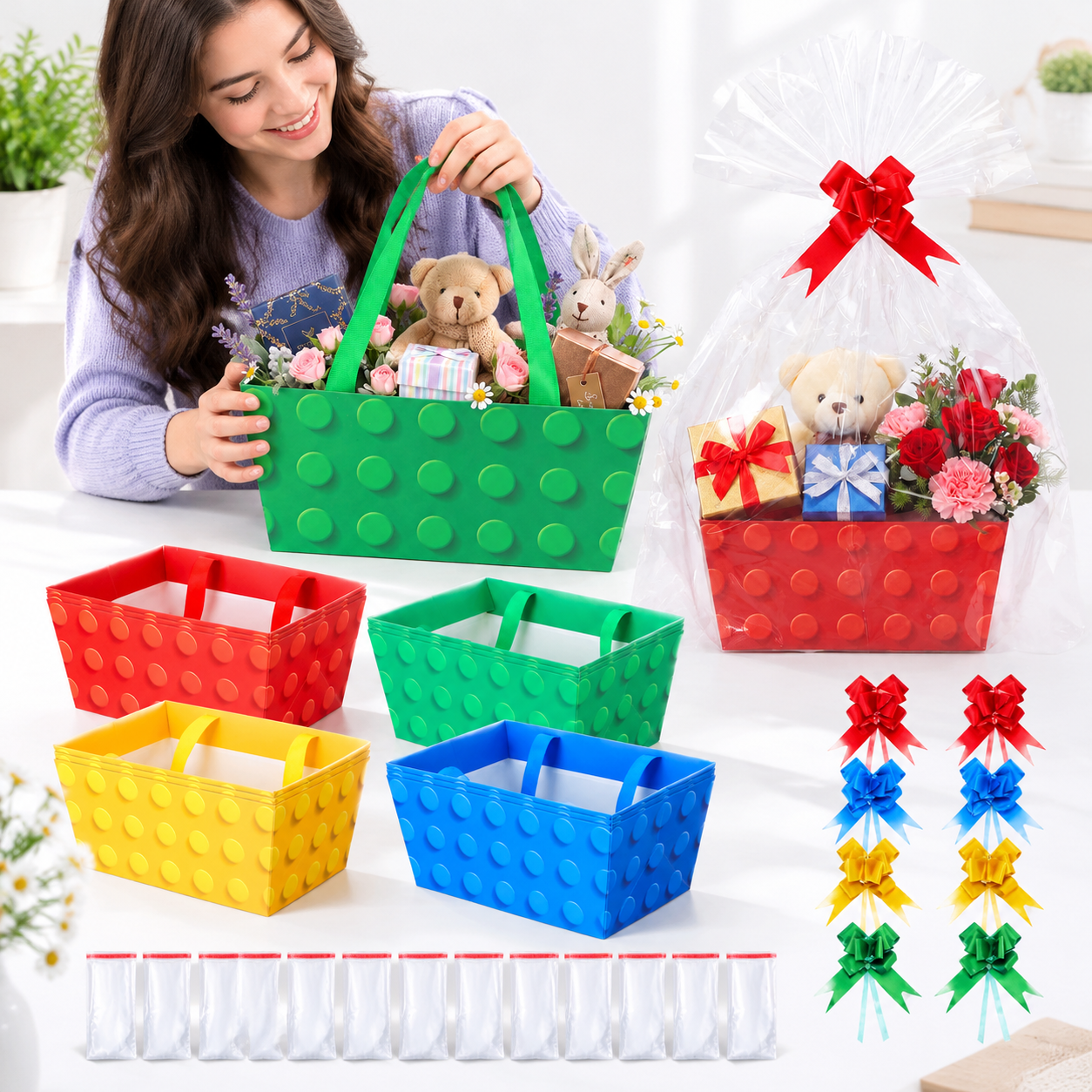 12 Set Multicolor Building Blocks Empty Gift Basket with Cellophane ...