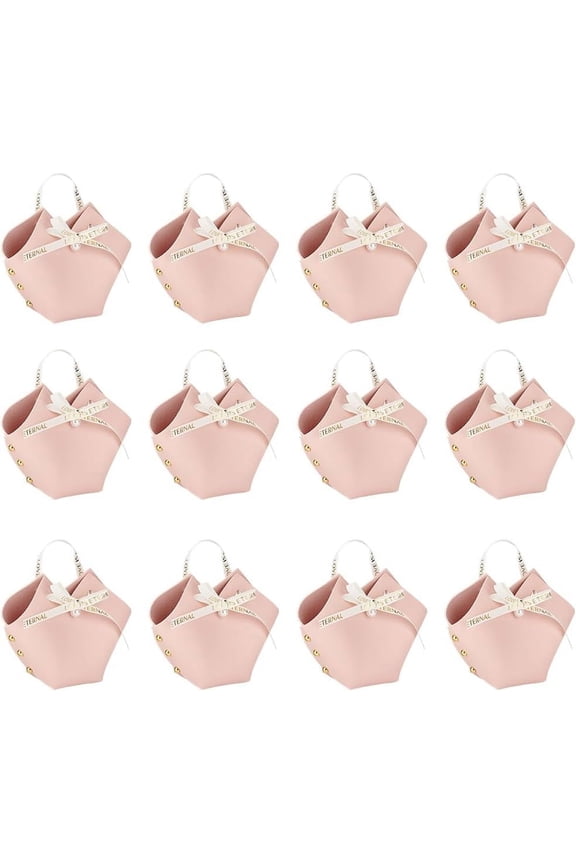 12 Set PU Leather Candy Gift Handbags with Imitation Pearl Charms and Ribbon Nails Wedding Favor Candy Bags Pink