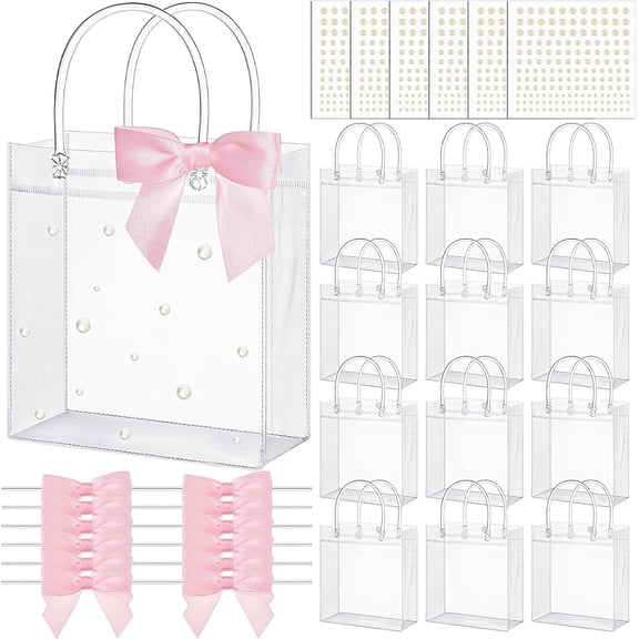 12 Set Pink Bow Clear Gift Bag PVC Coquette Princess Party Favors DIY Kit Clear Candy Bags with Handle Twist Tie Bow Sticker for Birthday Wedding Bridal Flower Bachelorette Party Baby Shower