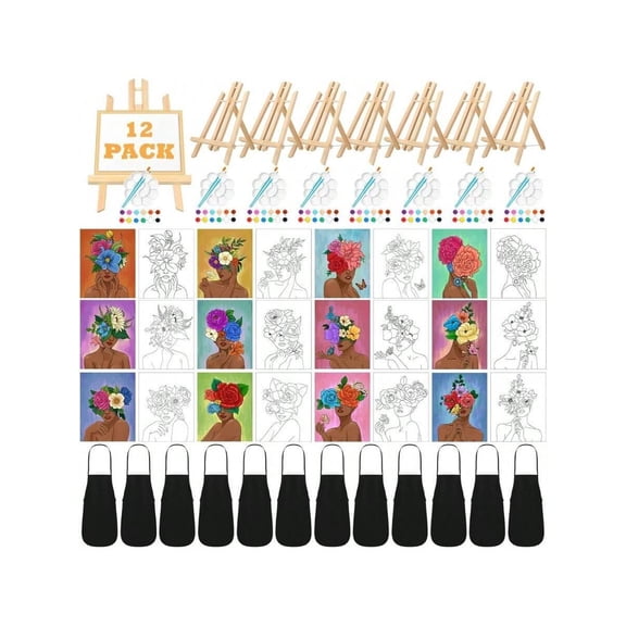 12 Set Pre Drawn Canvas Painting Adults Sip And Paint Kit With Easels 8x 10 Inches Paint Party Kit With Printed Canvas Paints Brushes Palette Bag Apron Flower
