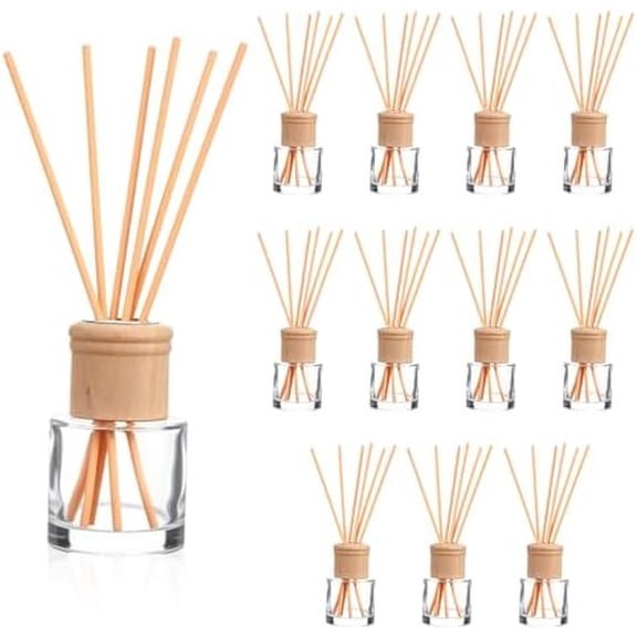 12 Set Reed Diffuser Bottle Empty Refillable Fragrance Glass Diffuser Bottles Set with Wooden Caps Rattan Sticks 50ml 1.7 oz Round Glass Jars for DIY Fragrance$$Home Decor, Kitchen, & Other