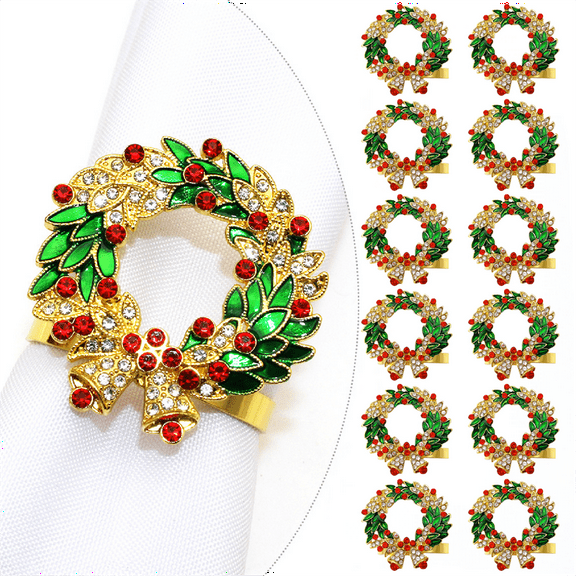 12 Set Rhinestone Christmas Wreath Napkin Rings for Dinning Table Setting- Rustic Dinner Tables Setting Decoration for Wedding Receptions, Christmas, Thanksgiving Holiday Party Dinner Parties