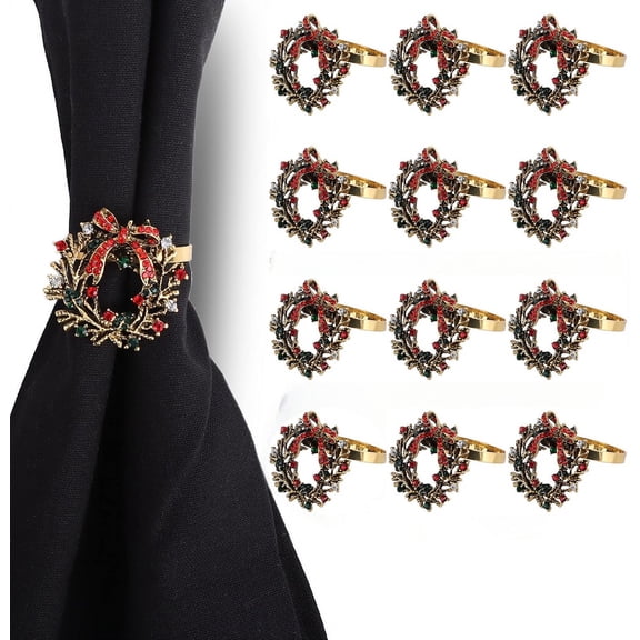 12 Set Rhinestone Christmas Wreath Napkin Rings for Dinning Table Setting- Rustic Dinner Tables Setting Decoration for Wedding Receptions, Christmas, Thanksgiving Holiday Party Dinner Parties