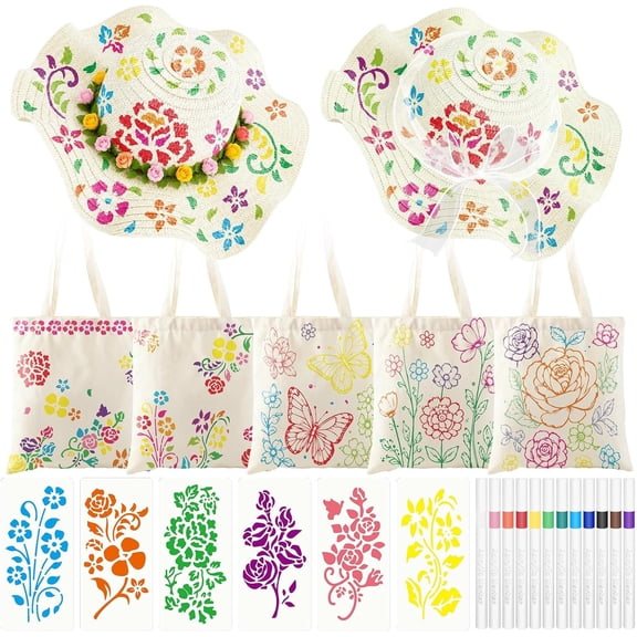 12 Set Straw Hat and Canvas Tote Decorating Kit, Summer Party DIY Craft Set with Floral Templates for Beach Picnic, Bridal Shower, and Group Activities