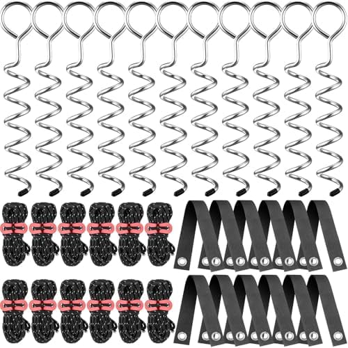 12 Set Tree Stakes and Supports Kit for Leaning Trees 12.2 Inch Heavy Duty Spiral Stake with 13.12 ft Ropes and 15.75 Inch Support Straps for Young Sapling Straightening (Black)$$Garden & Patio