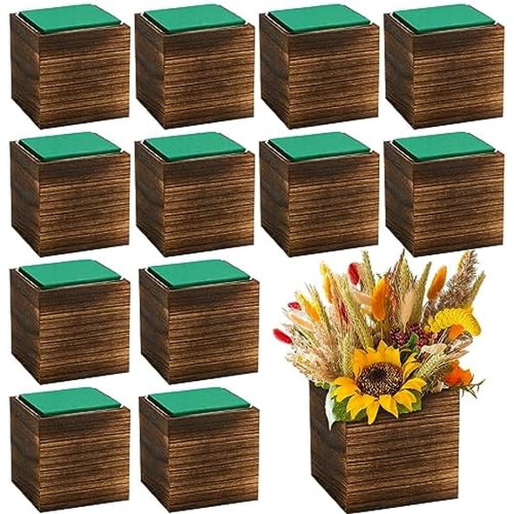 12 Set Wood Cube Planter Box Square Wood Vase Rustic Cube Planter Box with Removable Plastic Liner Floral Foam Blocks for Centerpieces Home Wedding Garden Decor, Country Style (Brown)