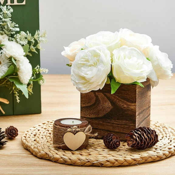 12 Set Wood Cube Planter Box Square Wood Vase Rustic Cube Planter Box with Removable Plastic Liner Floral Foam Blocks for Centerpieces Home Wedding Garden Decor, Country Style (Brown)