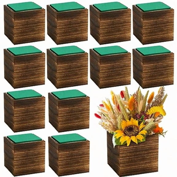 12 Set Wood Cube Planter Box Square Wood Vase Rustic Cube Planter Box with Removable Plastic Liner Floral Foam Blocks for Centerpieces Home Wedding Garden Decor Country Style Brown