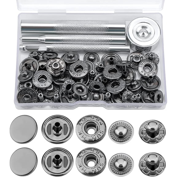 12 Sets 15mm Snap Buttons Fastener Kit No Sew Removable Metal Heavy Duty Snap Buttons with 4 Metal Install Tools for Denim Clothing Jeans Pants Leather Bags Jackets (Black)