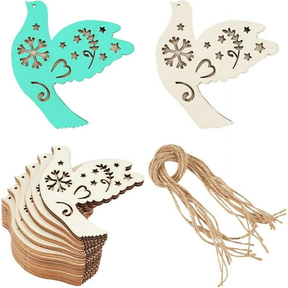 12 Sets 2.7 Inch The Peace Dove Unfinished Wooden Tag Bird Hanging Wood Cutout Blank Wood Slices Gift Tags with Jute Rope Ornaments Crafts for DIY