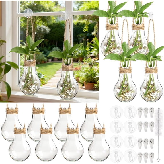 12 Sets 3.15" Plastic Window Propagation Stations Hanging Vases Plant Test Tubes with Suction Cup & Traceless Nail Brush Clear Wall Jars for Office Home Garden Decor Lover Gift