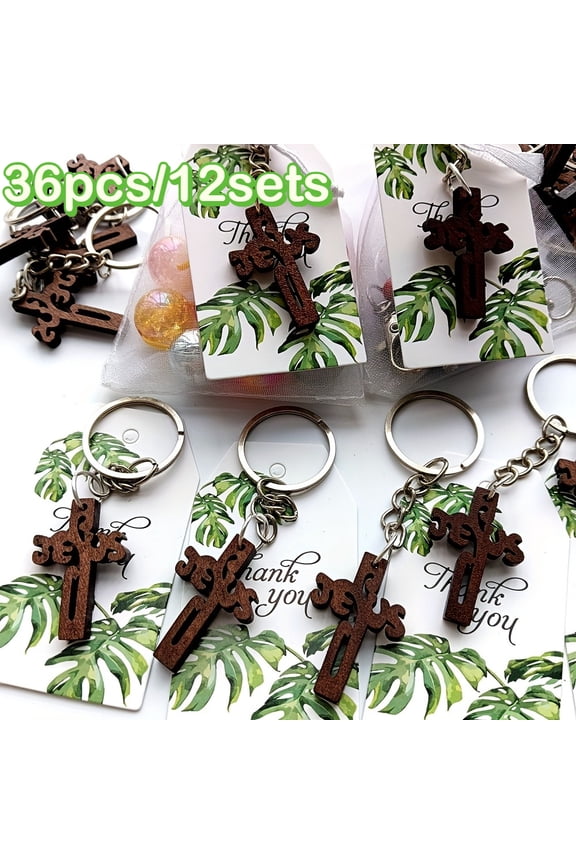 12 Sets/36 Pcs Cross Keychain, Wooden Cross Christian Gifts Bulk, Pocket Cross Charms, Keyrings With Cards And Organza Bags, First Communion, Easter, Weddings, Birthdays And Anniversaries