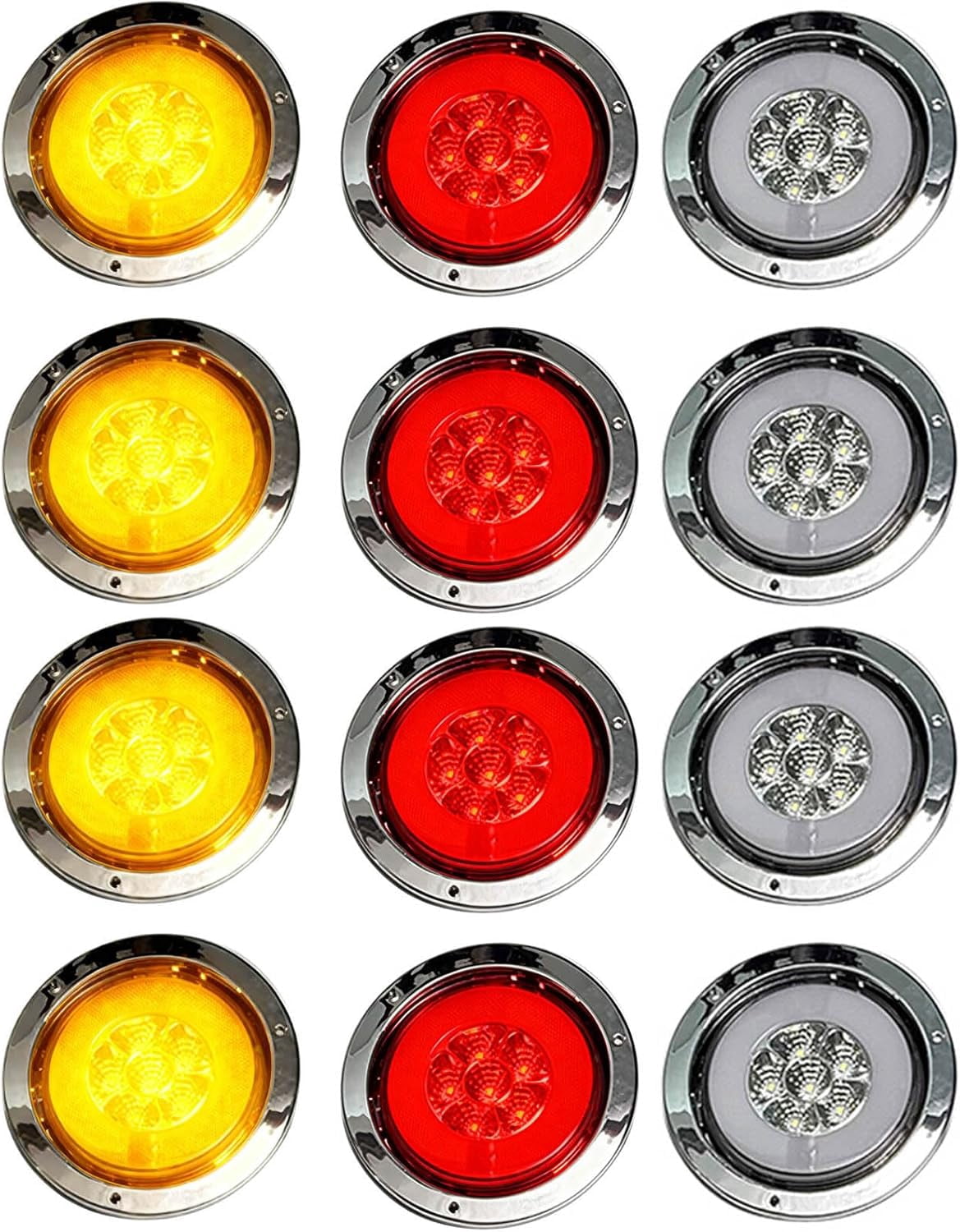 12 Sets 4" LED Round Trailer Truck Lights,Stop Turn Tail Brake Trailer Lights for RV Trucks Backup Reverse Lighting, 12V -4 Red+4 White+4 Amber, 30 LED