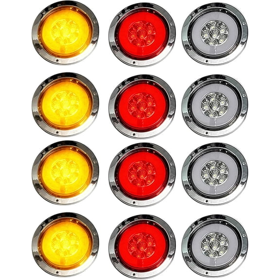 12 Sets 4" LED Round Trailer Truck Lights,Stop Turn Tail Brake Trailer Lights for RV Trucks Backup Reverse Lighting, 12V -4 Red+4 White+4 Amber, 30 LED