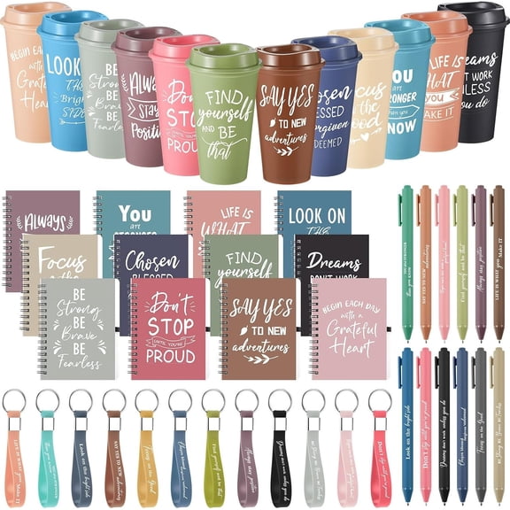 12 Sets/48 Pcs Employee Appreciation  Baskets Bulk 16oz Inspirational Coffee Cup with Spiral Notebook, Pen & , Thank You Gifts for Staff, Teacher,Coworker, Team (Morandi Color)