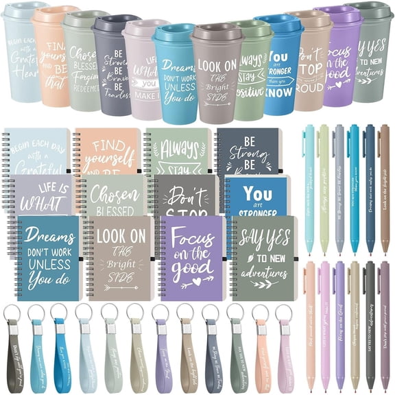 12 Sets/48 Pcs Employee Appreciation Gifts 16oz Inspirational Plastic Cups Spiral Notebooks Ballpoint Pens Keychains Bulk Thank You Cup for Employee Coworker (Light Morandi)