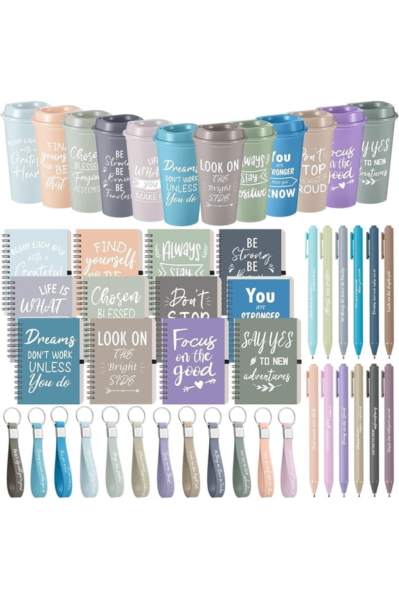 12 Sets/48 Pcs Employee Appreciation Gifts 16oz Inspirational Plastic Cups Spiral Notebooks Ballpoint Pens Keychains Bulk Thank You Cup for Employee Coworker (Light Morandi)