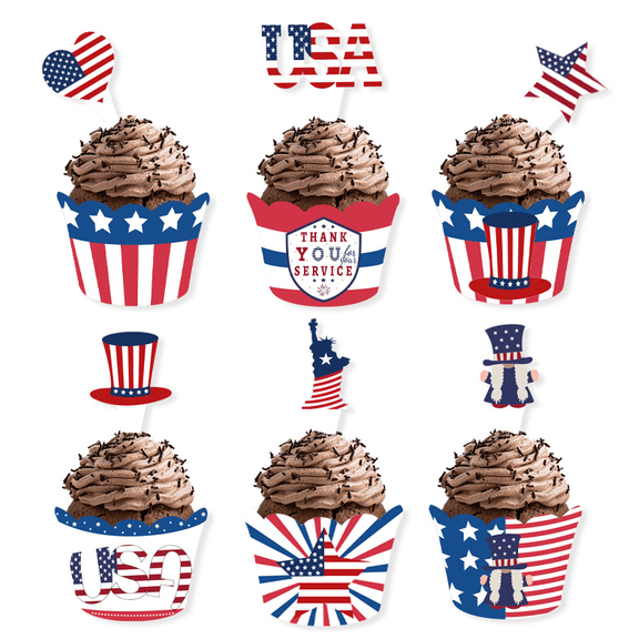 12 Sets 4th of July Cupcake Wrappers and Toppers Patriotic USA Flag Heart Uncle Sam Hat Statue of Liberty Gnome USA Letter Cupcake Liners Picks Memorial Day Veterans Day Party Dessert Decorations