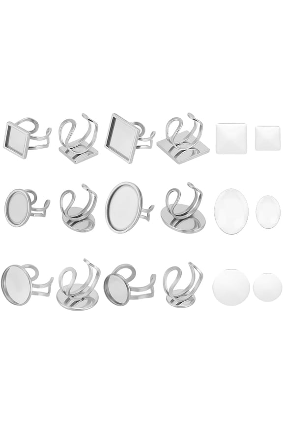 12 Sets 6 Sizes Flat Round Cabochon Ring Trays Stainless Steel Blank Rings Adjustable Finger Ring Bases Square Open Cuff Ring Blanks with 12 Pcs Clear Glass Cabochons