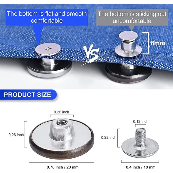 12 Sets Adjustable Buttons for Jeans, 20mm No Sew Instant Metal Buttons, Removable Jean Buttons Replacement Repair Kit with Threads Rivets and Screwdriver