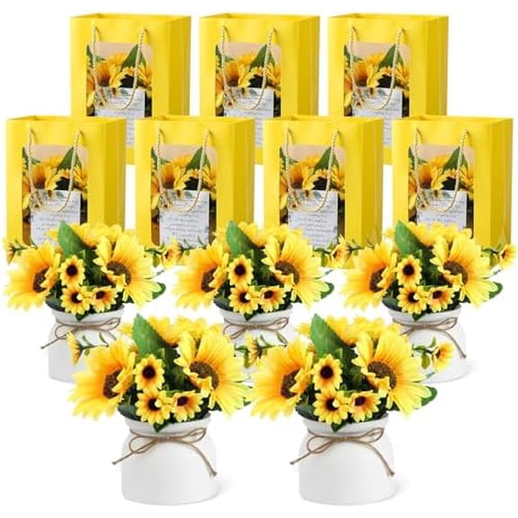 12 Sets Artificial Sunflower Flowers, Sunflower Centerpieces for Table Decorations, Sunflowers Potted Plant with Greeting Card and Gift Bag Thank You Gifts for Wedding Birthday Party Favors