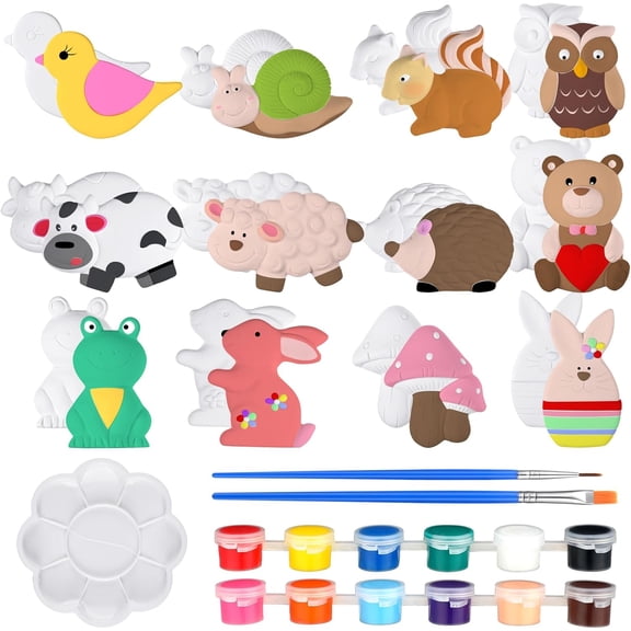 12 Sets Arts and Crafts Set Painting Kit Unpainted DIY Ceramic Figurines Paint Your Own Figurines with 12 Magnet 2 Brushes and 1 Palette Ceramic Painting Kit for Adults (Animal)