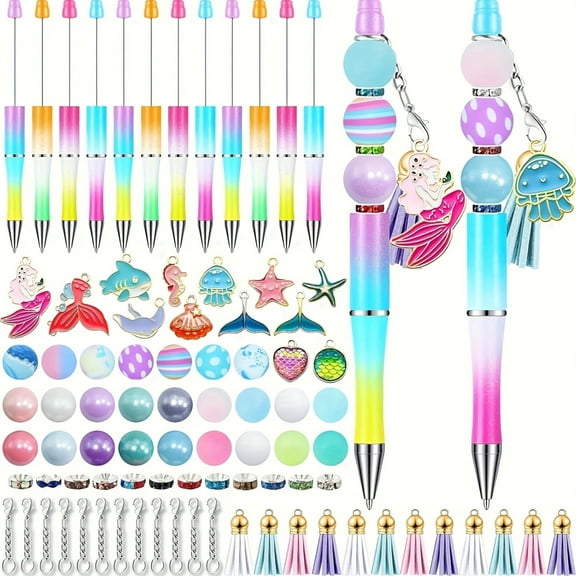 12 Sets Beadable Pens Bulk with Colorful Silicone Beads for DIY Pen Making Kit Smooth Writing Beaded Pen for Women Office (Ocean)