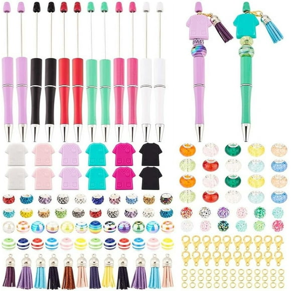 12 Sets Beadable Pens Set Shirt Series Bead Pens Nurse Shirt Theme Plastic Beads Pen DIY Making Kit Include Beads Tassel Pendants Jewelry Findings for DIY Crafts Office Supplies - 6 Colors