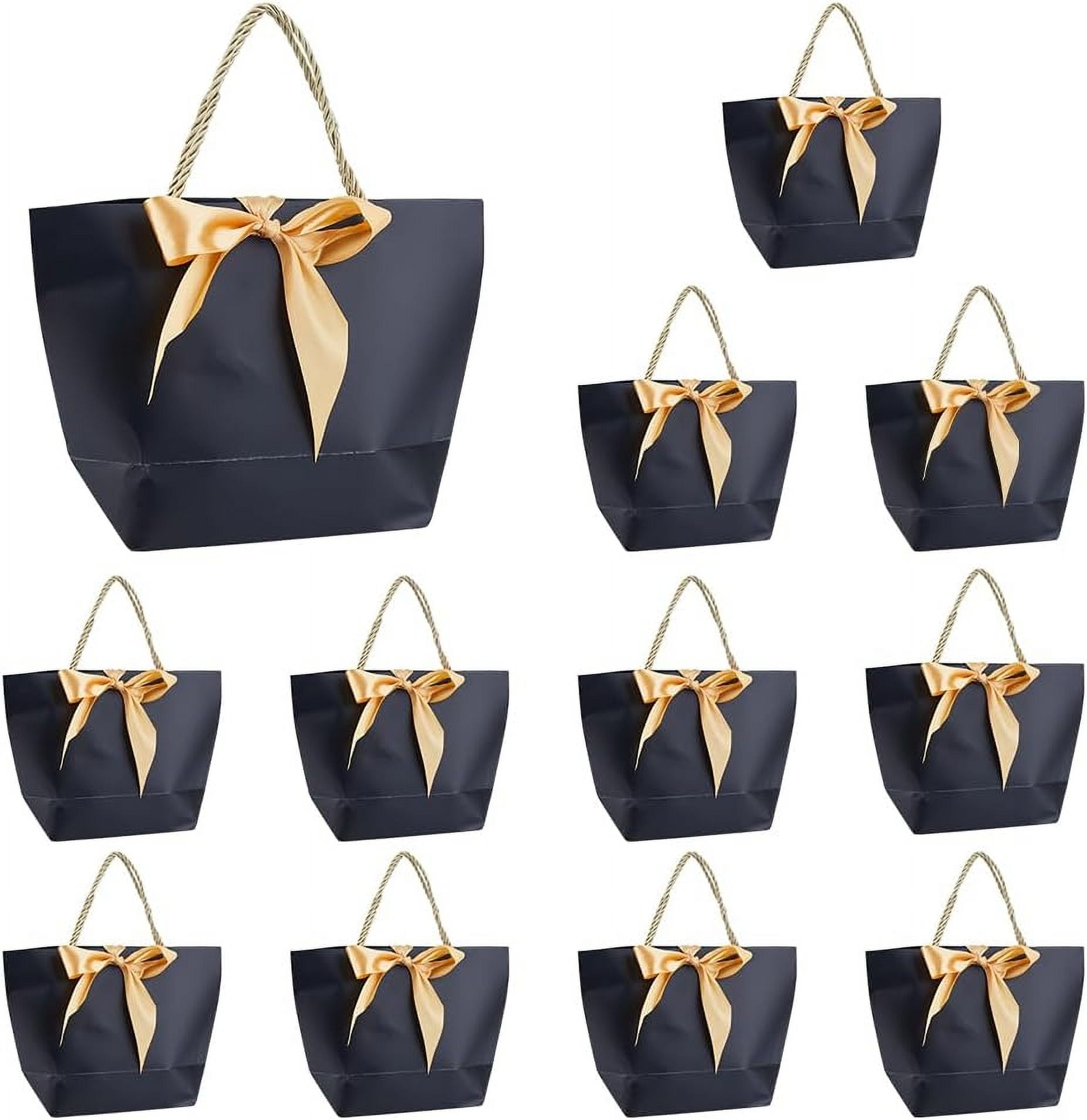 12 Sets Black Gift Bags Medium Gift Bags With Handles Party Favor Bags With Gold Bow Ribbon Paper Bags Bulk Celebration Holiday