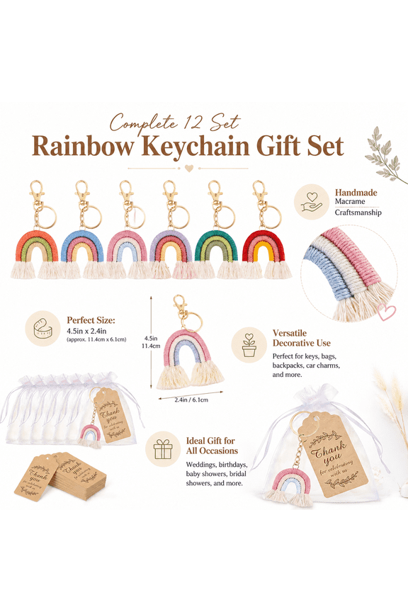 12 Sets Boho Rainbow Keychain Party Favors, Woven Macrame Keyrings with Gift Bags Cards for Wedding Bridal Shower Birthday Gifts, Handmade Rainbow Keychain Set for Guests Return Favors
