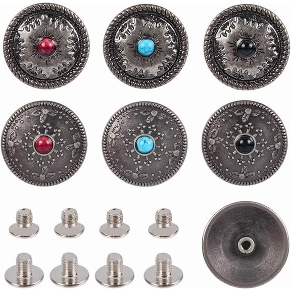 12 Sets/Box 2 Styles Turquoise Screw Back Button Round Silver Metal Western Conchos Rivets Studs Buckles Vintage Decorative Flat Gemstone