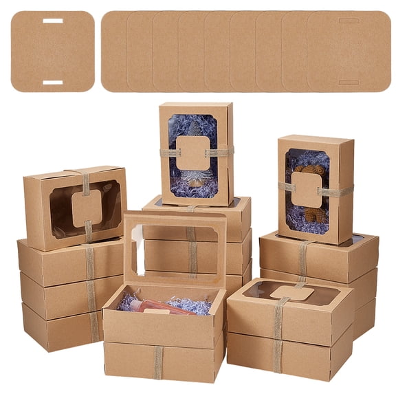 12 Sets Brown Gift Box Cookie Dessert Boxes with Window Bakery Packing Box Foldable Packaging Paper Boxes with Jute Rope DIY