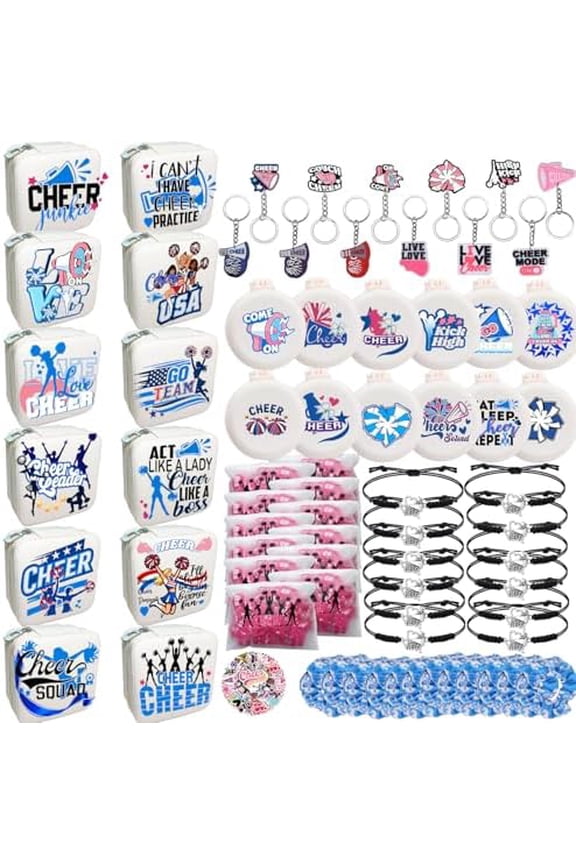 12 Sets Bulk Cheer Team Gifts, Complete Cheer Goodie Bags, - Team Spirit Party Favors with Jewelry Box, Keychains, Scrunchies, Stickers, Bracelets, Makeup Bag, & Cheerleading Mirror