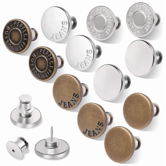 12 Sets Button Pins for Loose Jeans, No Sew Jean Buttons Replacement, Adjustable Metal Snap Tack for Reusable Pants Waist Tightener
