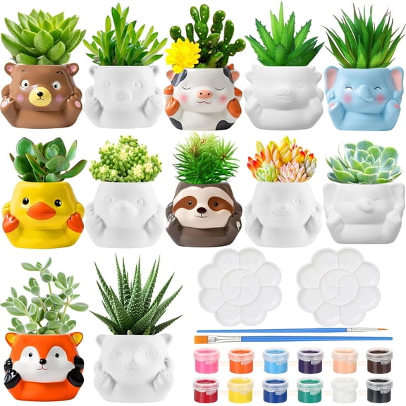 12 Sets Ceramics to Paint 6 Style DIY Ceramic Succulent Planter Pots Unpainted Bisque Flower Pots Paintable Craft with Drainage Hole, Paints, Brushes, Palettes(Lovely Style)