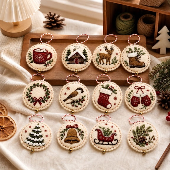 12 Sets Christmas Embroidery Kit, DIY Round Christmas Tree Ornaments, Pre-Printed Stitching Embroidery Decor Set for Holiday Home Decoration,Project A