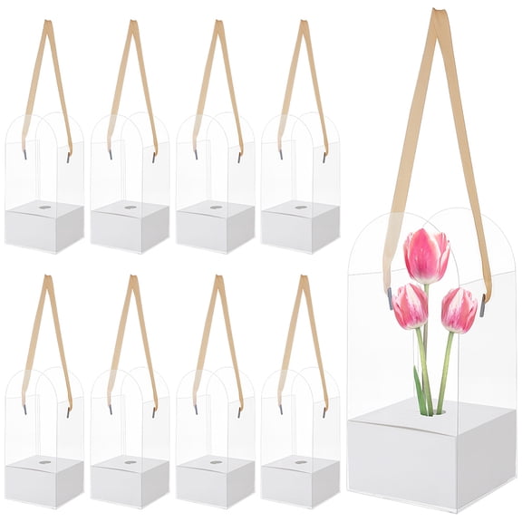 12 Sets Clear Plastic Paper Flower Storage Boxes with Polyester Ribbon Rectangle White 12x12.1x26.9cm