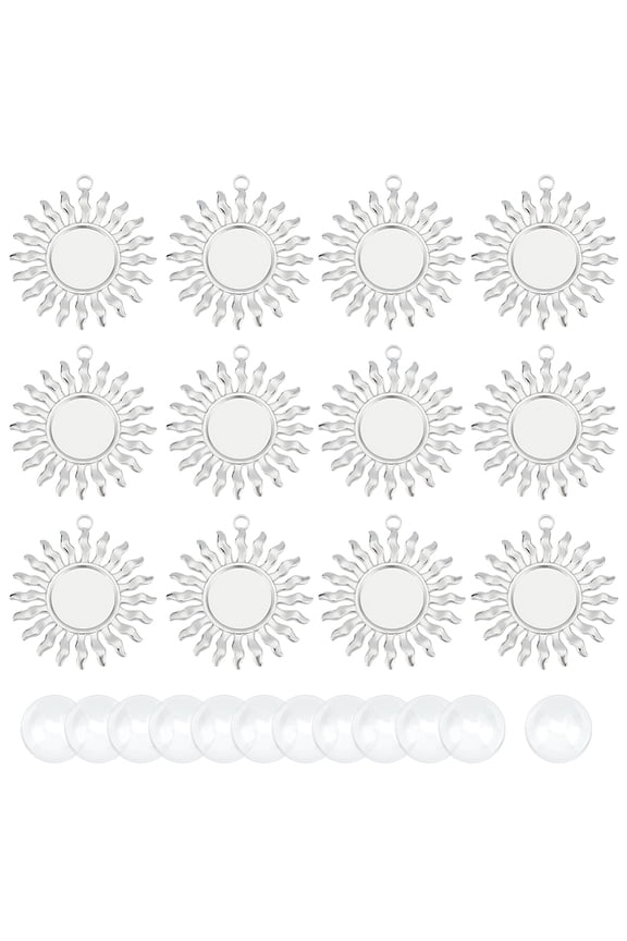 12 Sets DIY Blank Sun Pendant Making Kit 304 Stainless Steel Pendant Cabochon Settings Flat Round Blank Cameo Bezel Tray Charms with Glass Cabochons