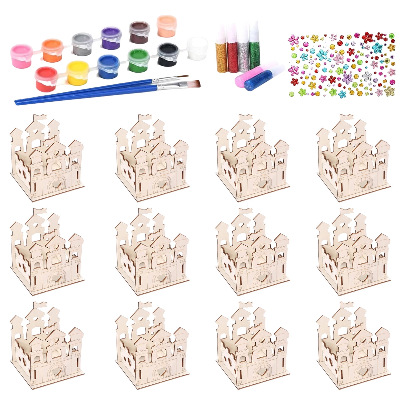 12 Sets DIY Wooden Princess Castle Craft Bulk Donate Pack for Kids, Cardboard Castle with 12 Acrylic Paints & Brushes, Ideal for Girls Birthday Party Church Christmas Donation