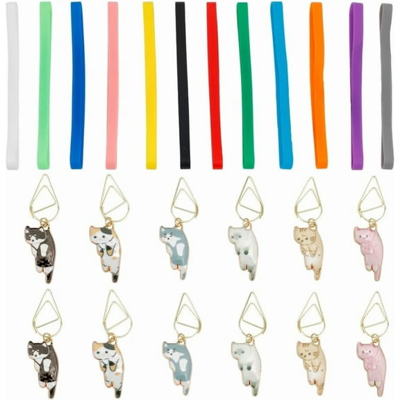 12 Sets Elastic Bookmarks Adjustable Planner Elastic Bands Silicone Bands Bookmark with Cat Pendant Multicolor Book Strap with Paper Clips for Office School Reader Gift Book Lovers