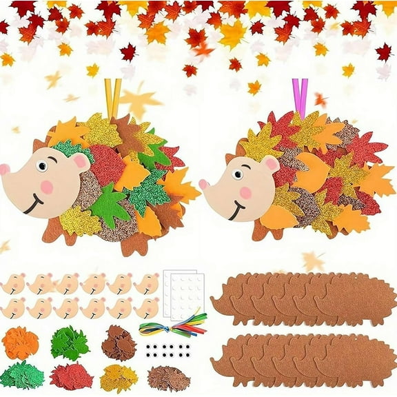 12 Sets Fall Craft Kits for Kids Hedgehog Crafts, Make You Hedgehog Ornaments Decorations Art Sets Autumn Leaf Foam Stickers Arts and Crafts for Thanksgiving Classroom Activities