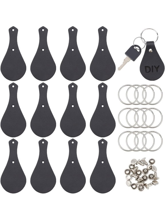 12 Sets Genuine Leather Keychain Kit Black Blanks Leather Keychain Leather Keychain Making Kits Leather Key Fobs Blanks with Keyrings Leather Key Fob Kit Craft Keychain Making Black Leather